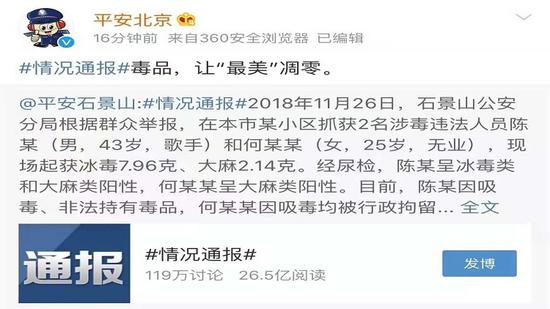 平安北京通报称2018年11月26日，石景山公安分局根据群众举报，在本市某小区抓获涉毒违法人员陈某和何某某。图片来自平安北京微博截图